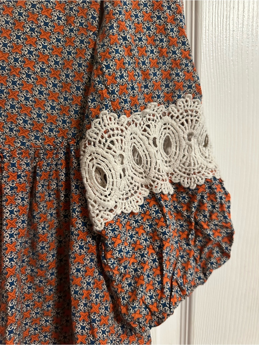 Umgee Boho Peasant Mini A-line Dress Size Large Blue & Orange Geometric - Picture 4 of 8